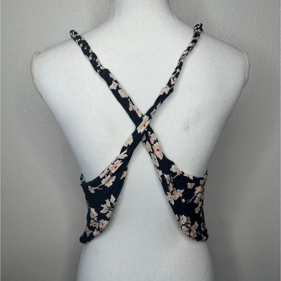 Boho Floral Braided Twist Back Tank Top XS Black Peach Cream Linen Summer Look - Picture 9 of 15